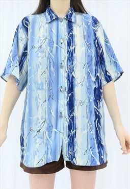 80s Vintage Blue Floral Striped Shirt Blouse (Size L)