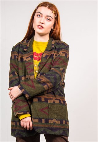 VINTAGE 90'S GREEN AZTEC PATTERN OVERSIZED BLAZER JACKET