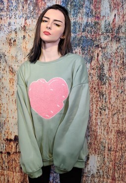 Fleece heart sweatshirt love print stitched top pastel green
