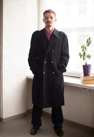 VINTAGE 80'S BLACK DOUBLE BREASTED WOOL COAT