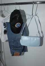 Vintage 90s Y2K Baby Blue Real Leather Mini Thin Handbag