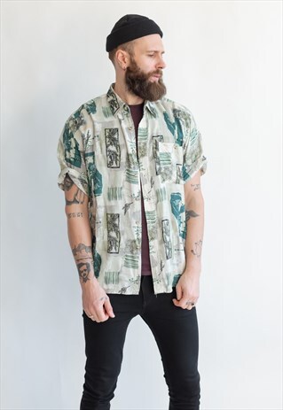 VINTAGE 80S FESTIVAL BOHO SHIRT IN GREEN PATTERN