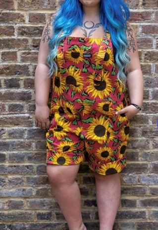 Muted sunflowers stretch  festival dungarees shorts