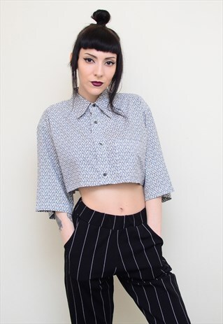 VINTAGE 90'S BLACK WHITE PATTERNED REWORKED CROPPED SHIRT