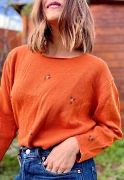 90s vintage orange wool pullover with glass bead details