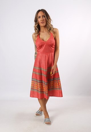 DRESS PATTERNED HALTER NECK PRINT VINTAGE KNEE UK 12 (G3T)