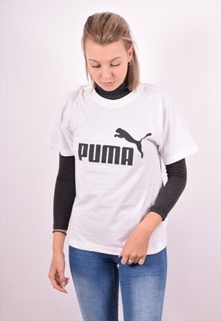 PUMA WOMENS VINTAGE T-SHIRT TOP SMALL WHITE 90S