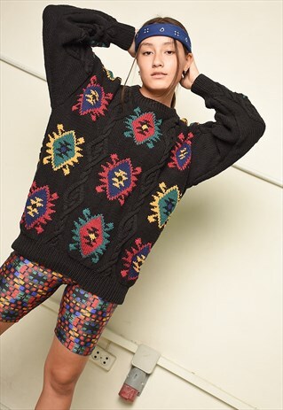 90S RETRO ETHNIC PATTERN CHUNKY KNIT JUMPER