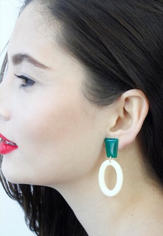 GREEN & CREAM PERSPEX DROP EARRINGS
