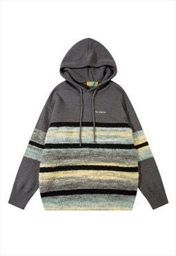 Knitted striped hoodie gradient jumper rainbow pullover grey