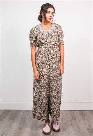 VINTAGE 90'S FLORAL PATTERN LACE COLLAR JUMPSUIT