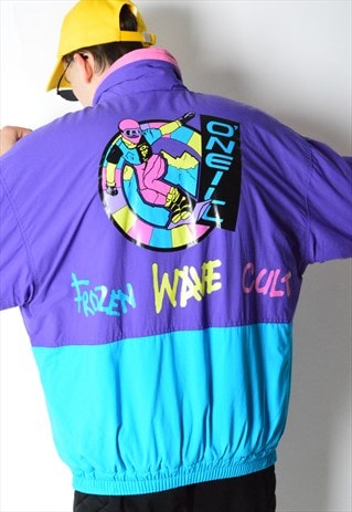 O'NEILL VINTAGE 80S PURPLE COLOUR BLOCK PADDED SKI JACKET