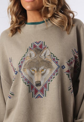 SWEATSHIRT JUMPER OVERSIZED WOLF PRINT PLAIN UK 16 - 18 (D3R