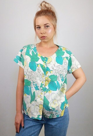 VINTAGE 90'S FLORAL PRINT COTTON SHORT SLEEVES BOXY SHIRT