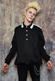 LONG SLEEVE POLO SHIRT TEXTURED BUTTON UP MESH TOP IN BLACK