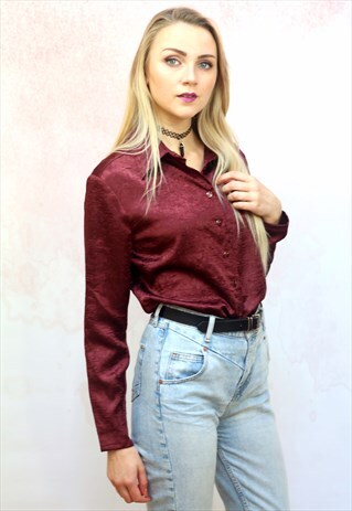 1990S VINTAGE MAROON TEXTURED SILKY BLOUSE