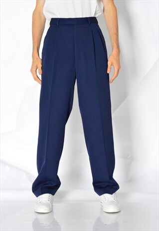 VINTAGE 80S NAVY BLUE WOOL BLEND PLEATED PANTS