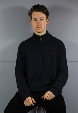 VINTAGE POLO RALPH LAUREN 1/4 ZIP KNIT SWEATSHIRT IN NAVY BL