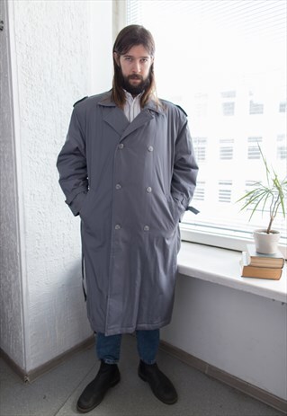 VINTAGE 80'S GREY DOUBLE BREASTED TRENCH STYLE BELTED COAT