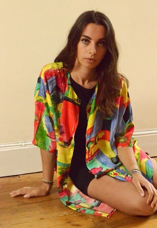 1980S VINTAGE ART LANDSCAPE COLOURFUL ABSTRACT PRINTED SHIRT