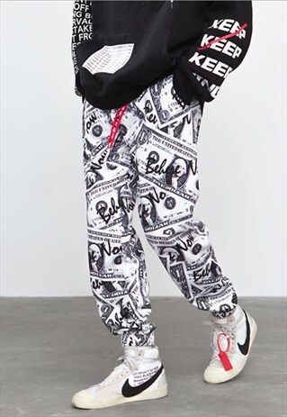 GRAPHIC PRINT ELASTIC WAIST TRACK PANTS JOGGERS IN WHITE