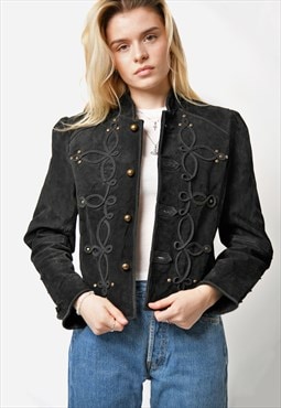 Vintage soutache-trim cropped suede leather black jacket