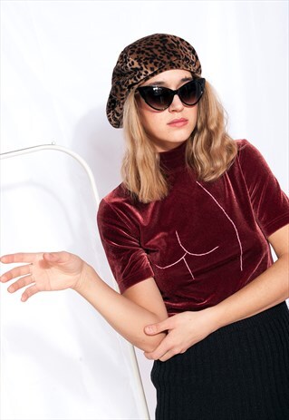 VINTAGE VELVET TURTLENECK 90S REWORKED NUDE EMBROIDERY TOP