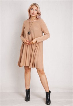 Camel Round Neck Midi Dress and Necklace