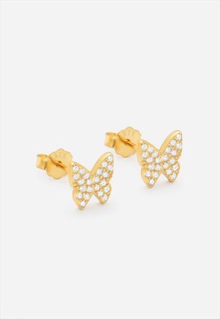GOLD BUTTERFLY STUD EARRINGS WITH WHITE STONES