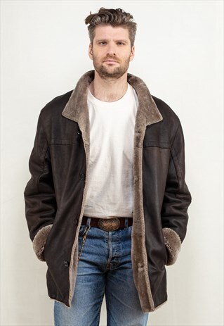 VINTAGE 80'S MEN SHEEPSKIN LEATHER COAT IN DARK BROWN