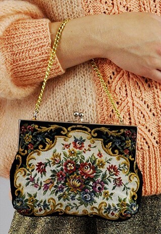 VINTAGE BLACK TAPESTRY BAG / PURSE