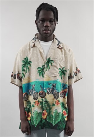VINTAGE 80'S SHORT-SLEEVE MOTORCYCLE PRINT HAWAIIAN SHIRT