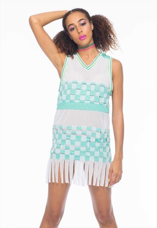 CHECKED FESTIVAL DRESS WITH PANELLING AND FRINGED HEM