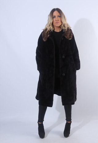 FAUX FUR COAT JACKET KNEE LENGTH VINTAGE LONG UK 16 (EJAC)