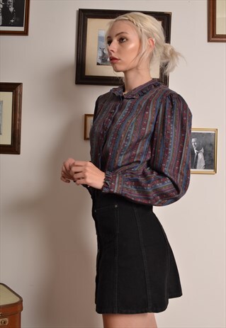 VINTAGE 80S RUFFLE EDGE BLOUSE IN FLORAL STRIPE