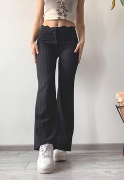Vintage 00s Y2K Black Mid Rise Casual Pinstripe Flared Pants
