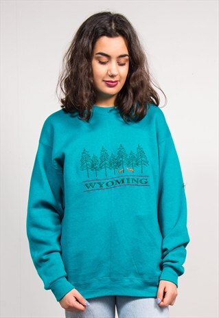 VINTAGE 90'S GREEN WYOMING USA SWEATSHIRT JUMPER