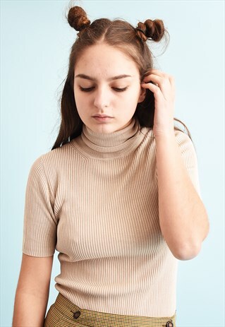 Y2K NEUTRAL KNIT RIBBED TURTLENECK TOP