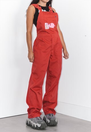 Vintage 90s Wide Leg Dungaree in Red With a Girly Patch