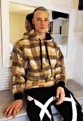 LOOSE FIT OVERSIZED PREMIUM QUALITY FLEECE HOODIE IN CHECK