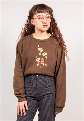 VINTAGE 90'S BROWN FLORAL EMBROIDERED SWEATSHIRT