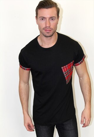 RETRO ALTERNATIVE GRUNGE BLACK T-SHIRT RED TARTAN PLAID TOP