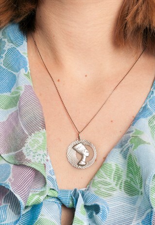 STERLING SILVER NEFERTITI NECKLACE - 70S VINTAGE PENDANT