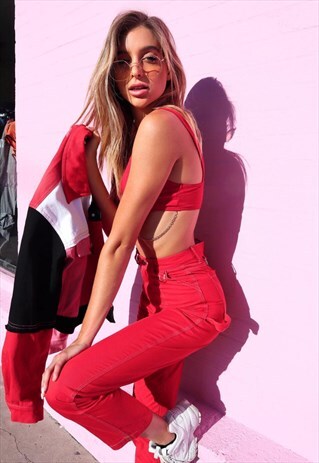 RED HIGH WAIST SLIM CARGO STYLE TROUSERS