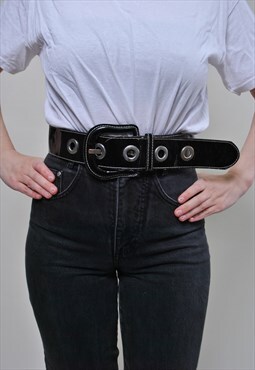 Vintage Black wide belt, retro 80s yoke belt with big holes 