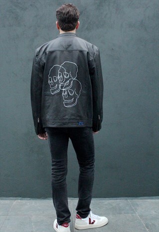 HAND PAINTED UNISEX THREE SKULLS LEATHER JACKET