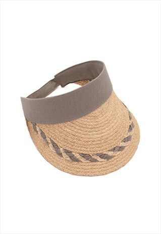 RAFFIA STRAW VISOR WITH PATTERNED BRIM - GREY