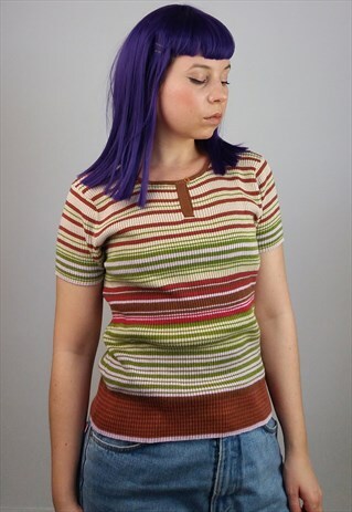 VINTAGE 90'S RIBBED COTTON KNIT STRIPED TOP