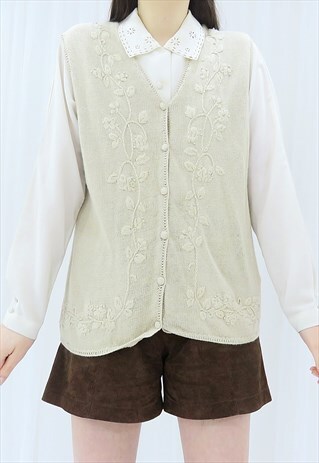 90S VINTAGE CREAM FLORAL EMBROIDERED KNITTED WAISTCOAT