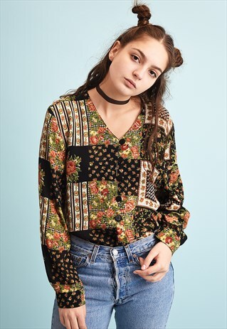 90'S RETRO FLORAL PRINT LOOSE-FITTED MOMS SHIRT BLOUSE